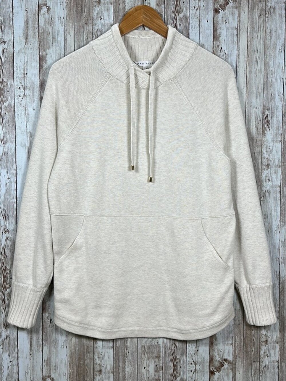 Max Studio Sweater M Sweatshirt High Neck Drawstring Long Sleeve Ivory Pullover